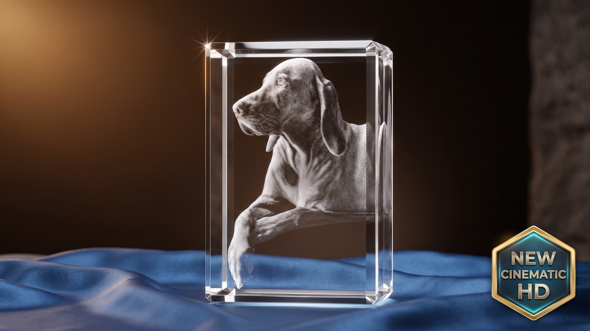 3D crystal rectangle engraved with a photo of a golden retriever and their owner, pet memorial keepsake