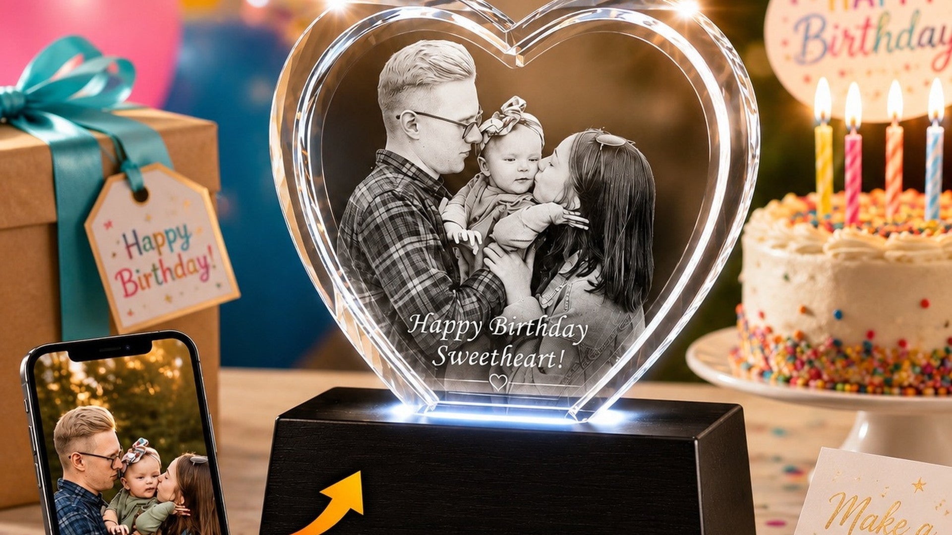 3D crystal rectangle engraved with a photo of three friends celebrating a birthday with cake and candles