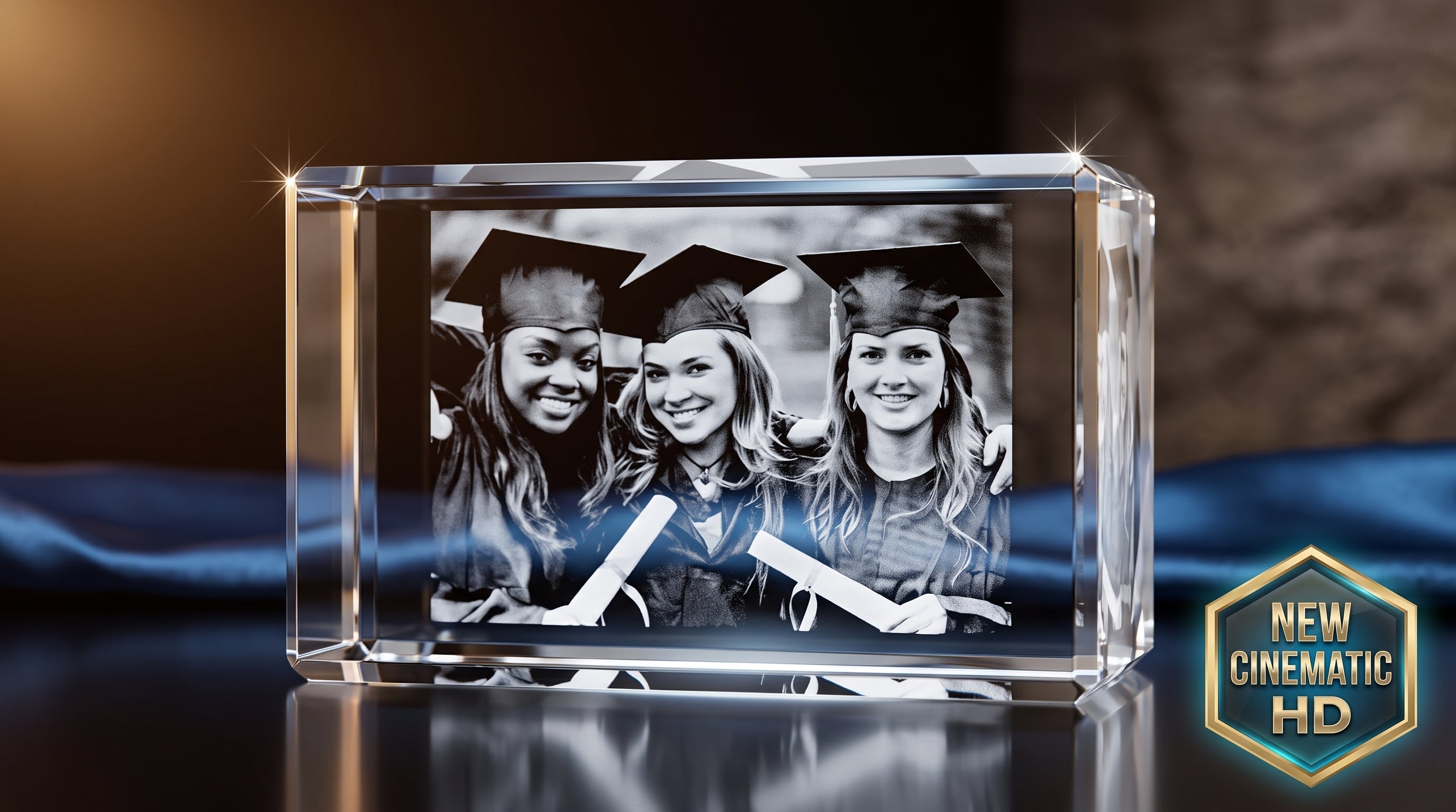 3D crystal rectangle engraved with a photo of three graduates in caps and gowns holding diplomas