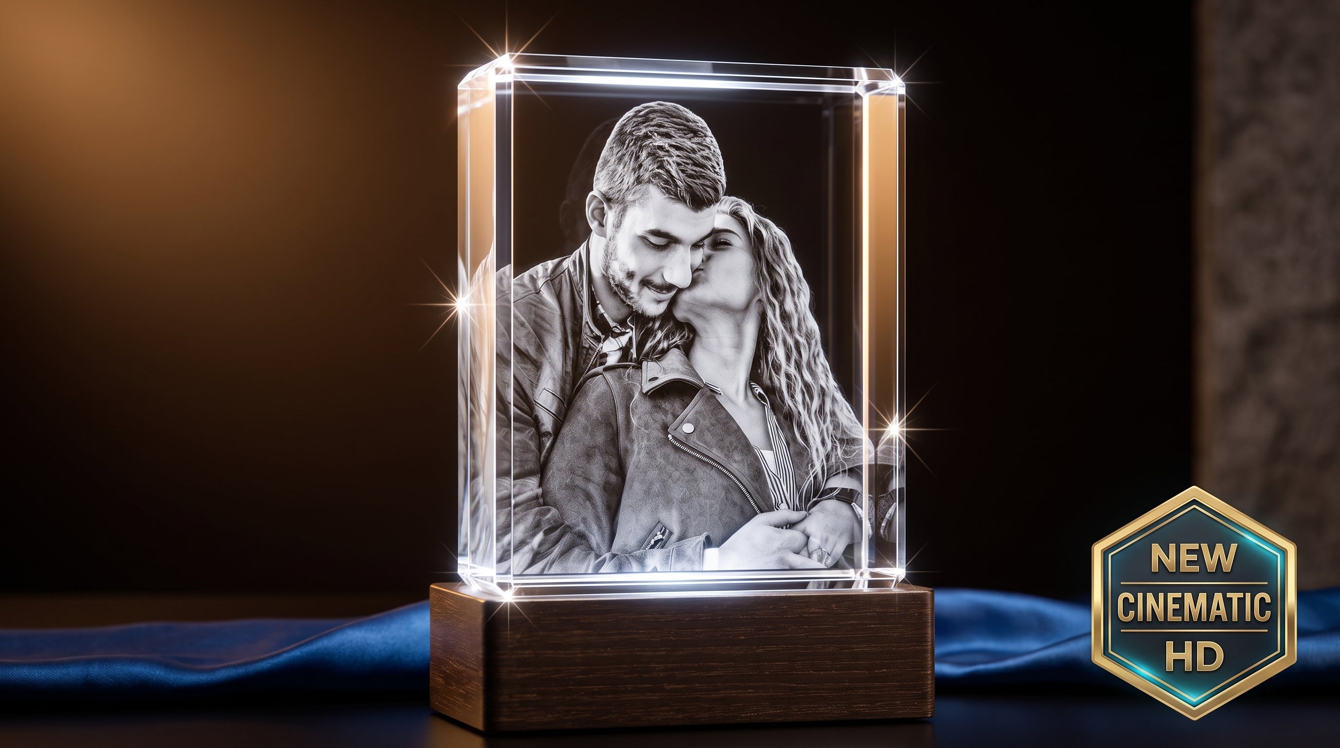 3D crystal rectangle engraved with a wedding party photo of the bride, groom, and their wedding party