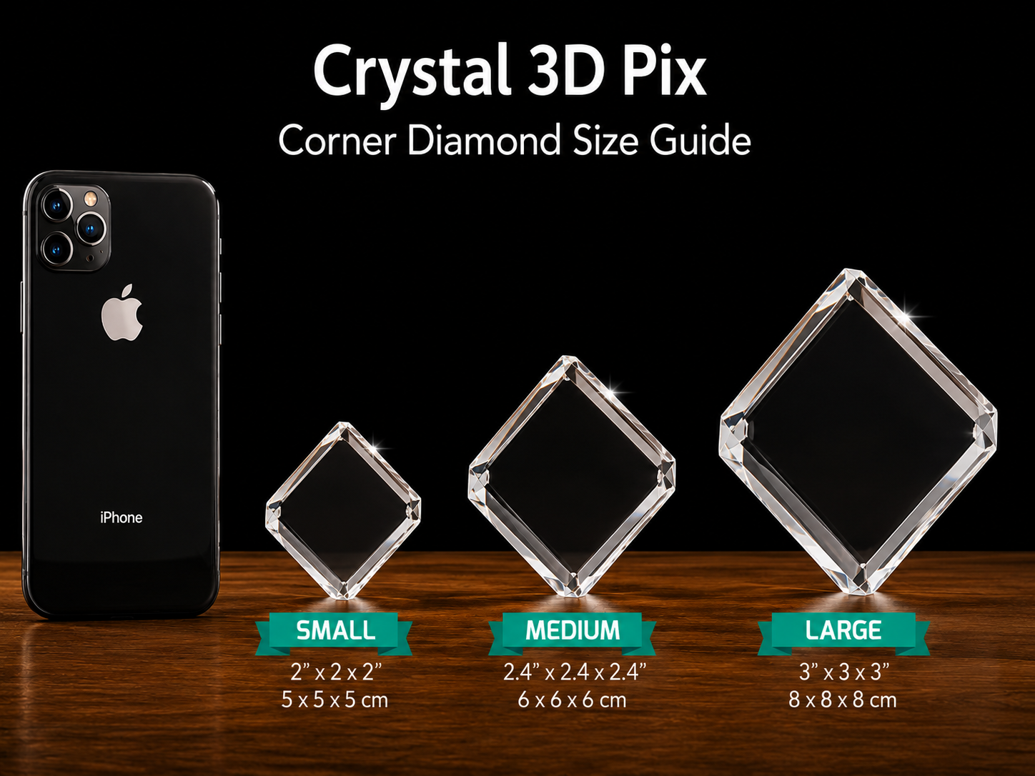 Crystal 3D Pix 3D Crystal Diamond photo crystal keepsake, size guide chart