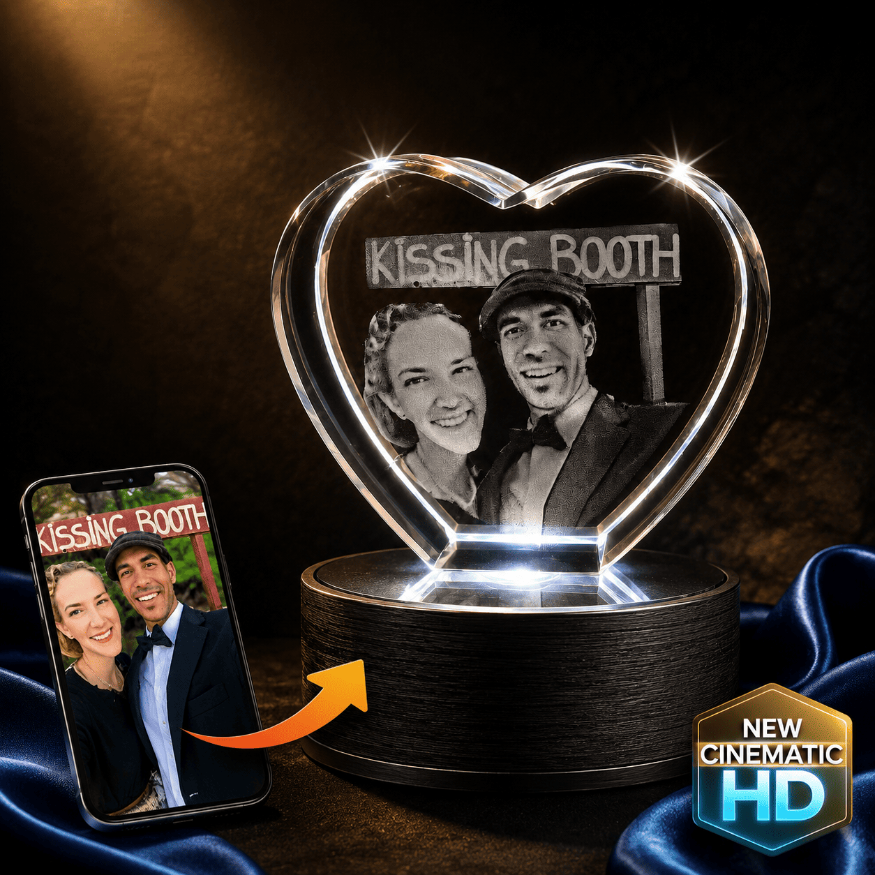 Crystal 3D Pix 3D Crystal Heart photo crystal keepsake, bundled with light base
