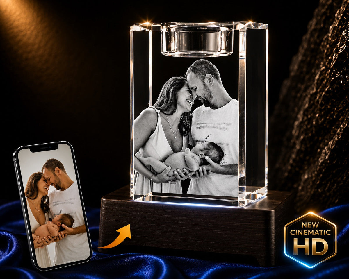 3D crystal candle photo engraving – baby photo gift, gold-tone display | Crystal 3D Pix