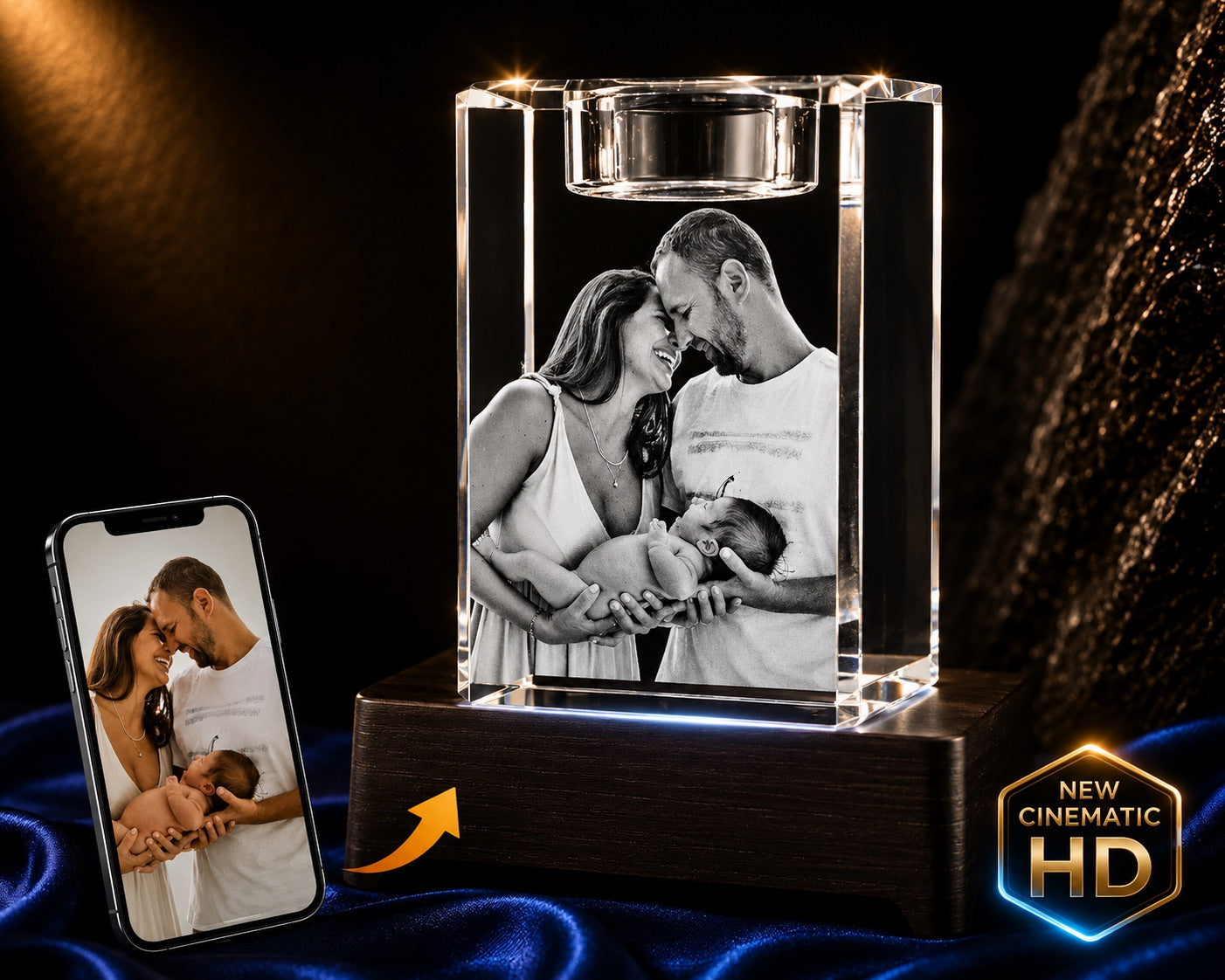 3D crystal candle photo engraving – baby photo gift, gold-tone display | Crystal 3D Pix