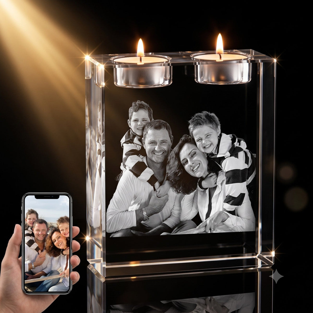 3D crystal memorial candle – family photo gift, gold-tone display | Crystal 3D Pix