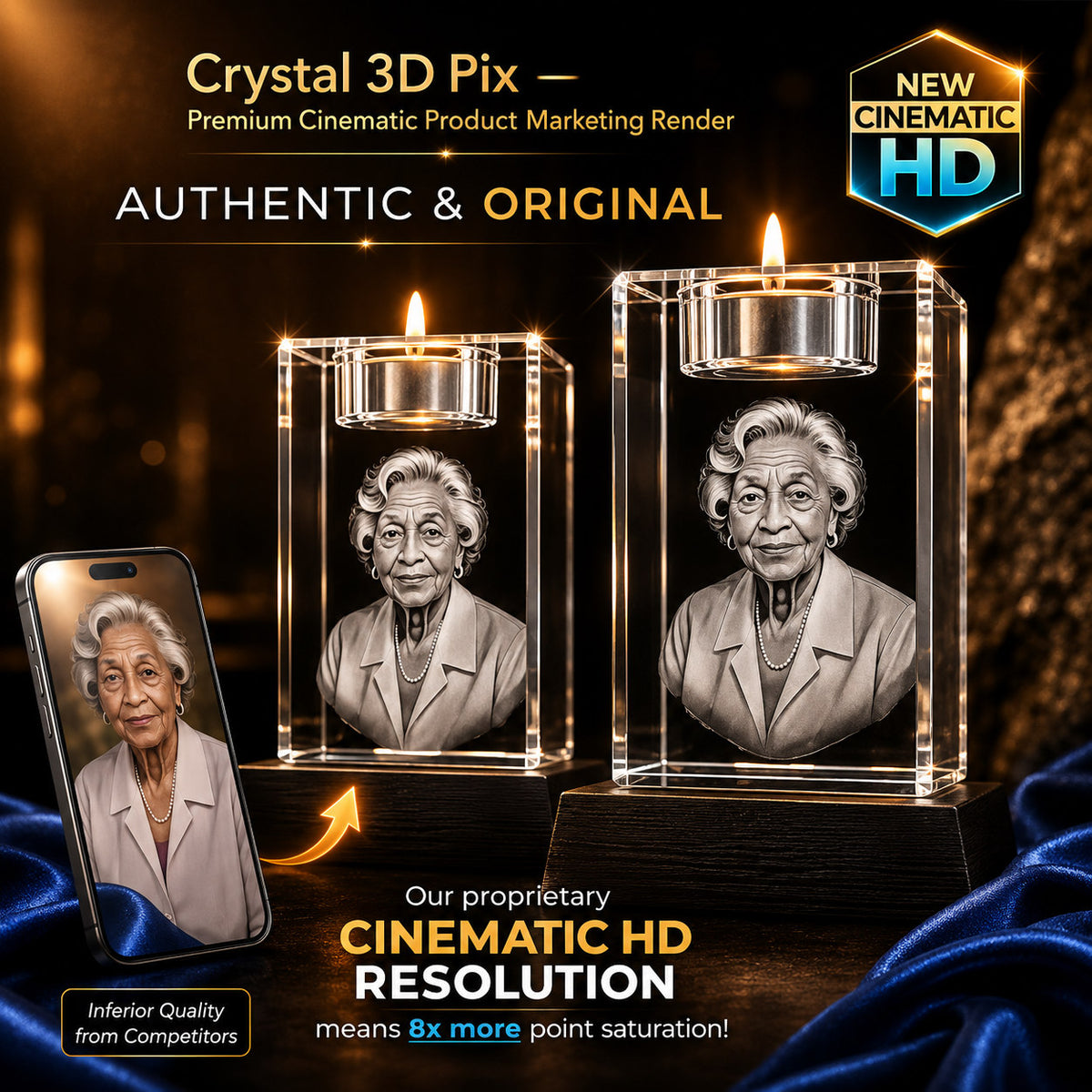 3D crystal candle photo engraving – custom photo gift, gold-tone display | Crystal 3D Pix