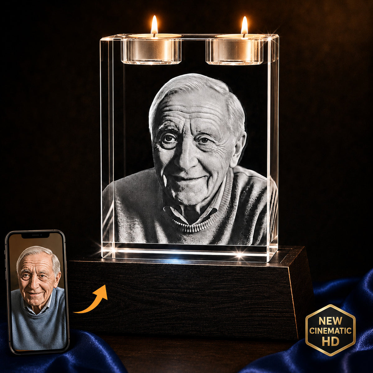 3D crystal memorial candle – memorial keepsake, gold-tone display | Crystal 3D Pix