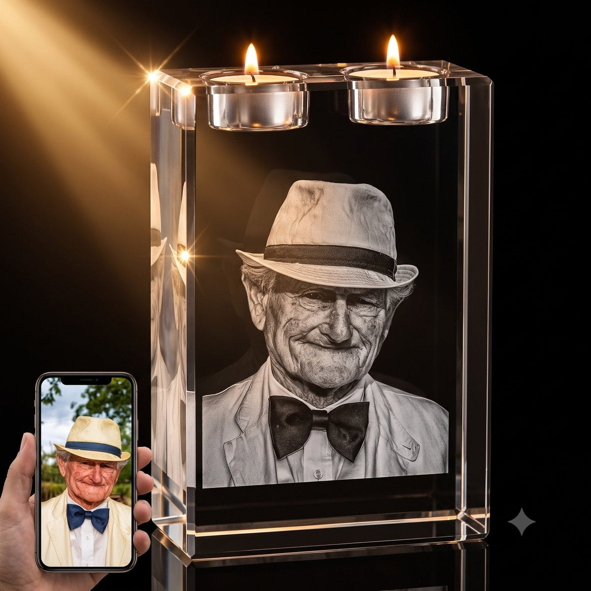 3D crystal memorial candle – memorial keepsake, gold-tone display | Crystal 3D Pix