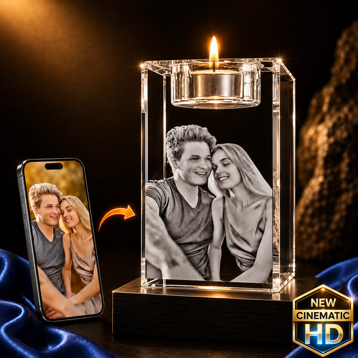 3D crystal memorial candle – pet memorial keepsake, gold-tone display | Crystal 3D Pix