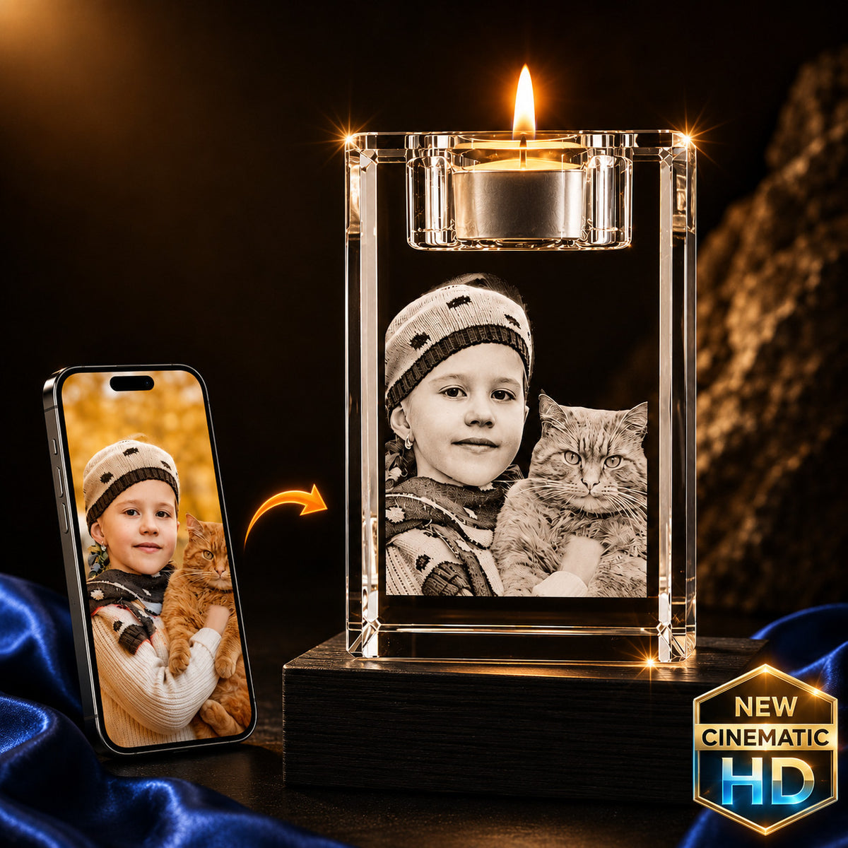 3D crystal memorial candle – pet memorial keepsake, gold-tone display (alternate) | Crystal 3D Pix
