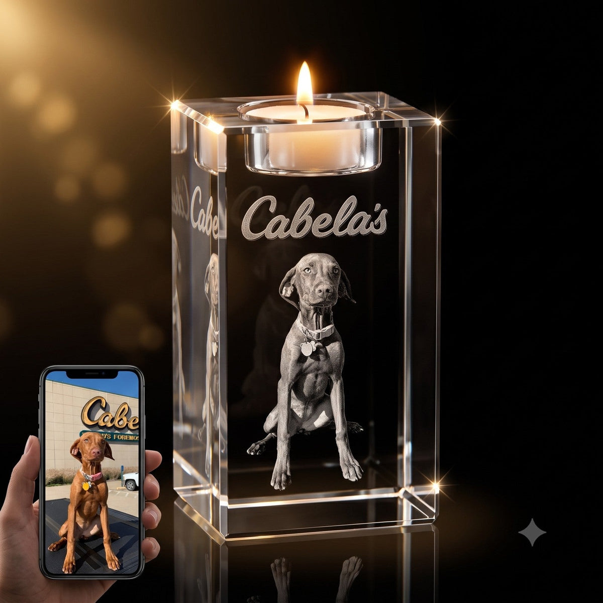 3D crystal memorial candle – pet memorial keepsake, gold-tone display | Crystal 3D Pix
