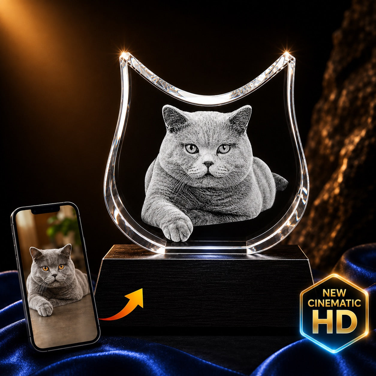 3D crystal cat-shaped photo engraving – pet memorial keepsake, gold-tone display | Crystal 3D Pix
