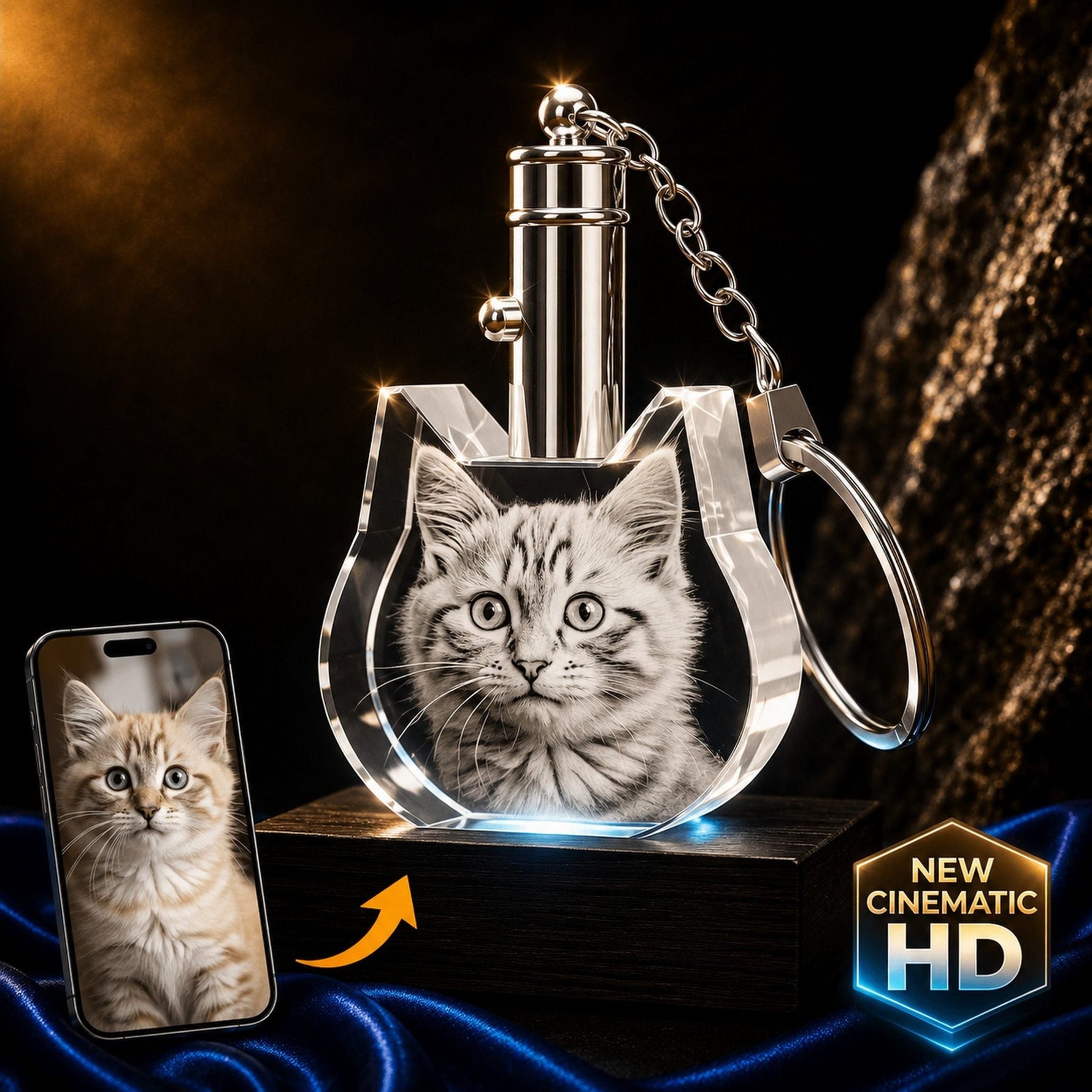 3D crystal cat keychain photo engraving – custom photo gift, gold-tone display | Crystal 3D Pix