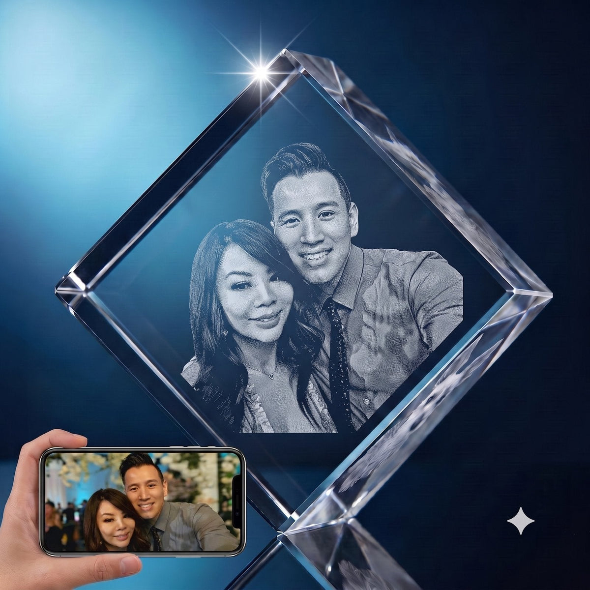 3D crystal corner diamond photo engraving – anniversary gift, gold-tone display | Crystal 3D Pix