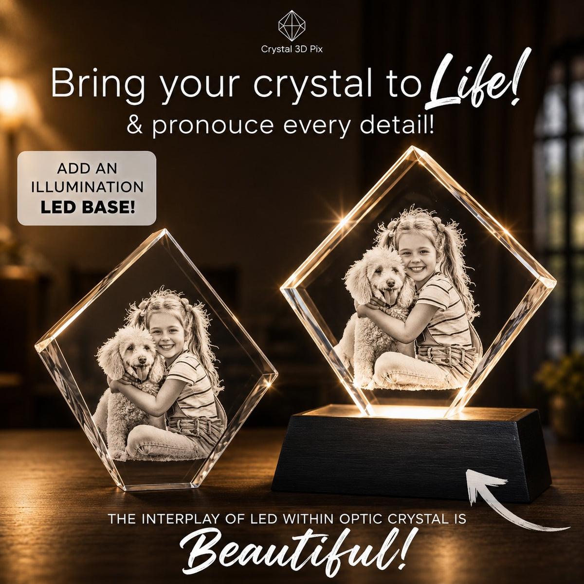 3D crystal corner diamond photo engraving – bundle gift set, gold-tone display | Crystal 3D Pix