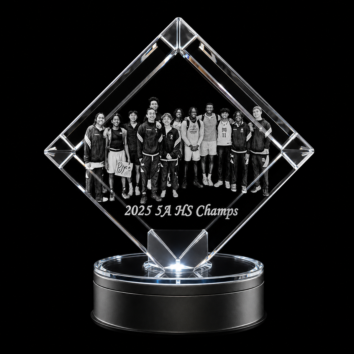 3D crystal corner diamond photo engraving – corporate award, gold-tone display | Crystal 3D Pix