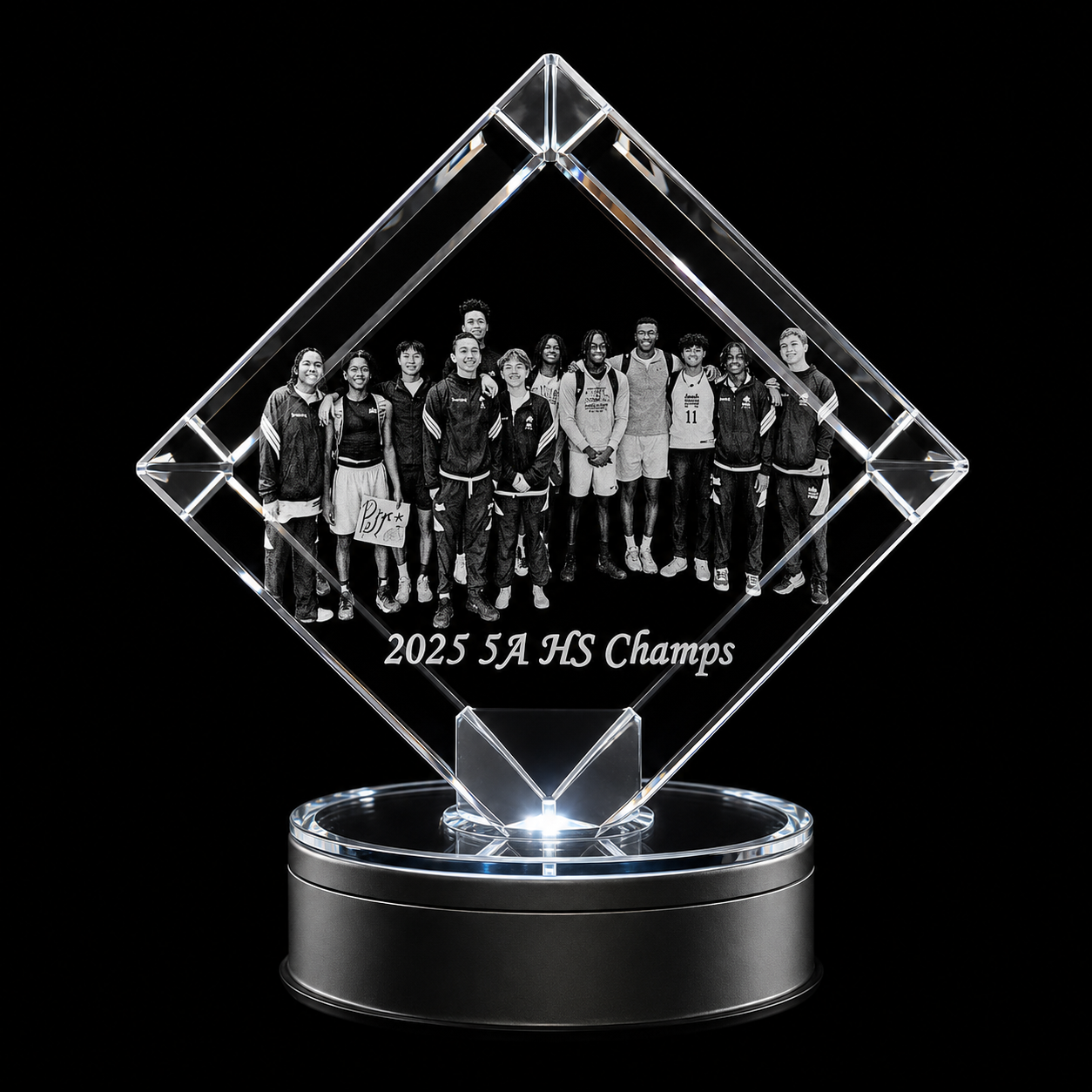 3D crystal corner diamond photo engraving – corporate award, gold-tone display | Crystal 3D Pix