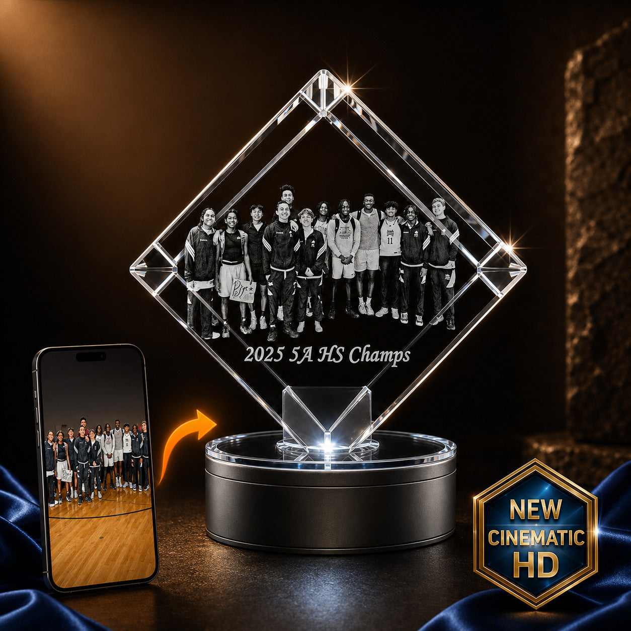 3D crystal corner diamond photo engraving – corporate team award, gold-tone display | Crystal 3D Pix