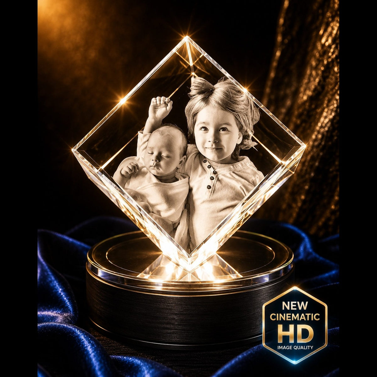 3D crystal corner diamond photo engraving – custom photo gift, gold-tone display (alternate) | Crystal 3D Pix