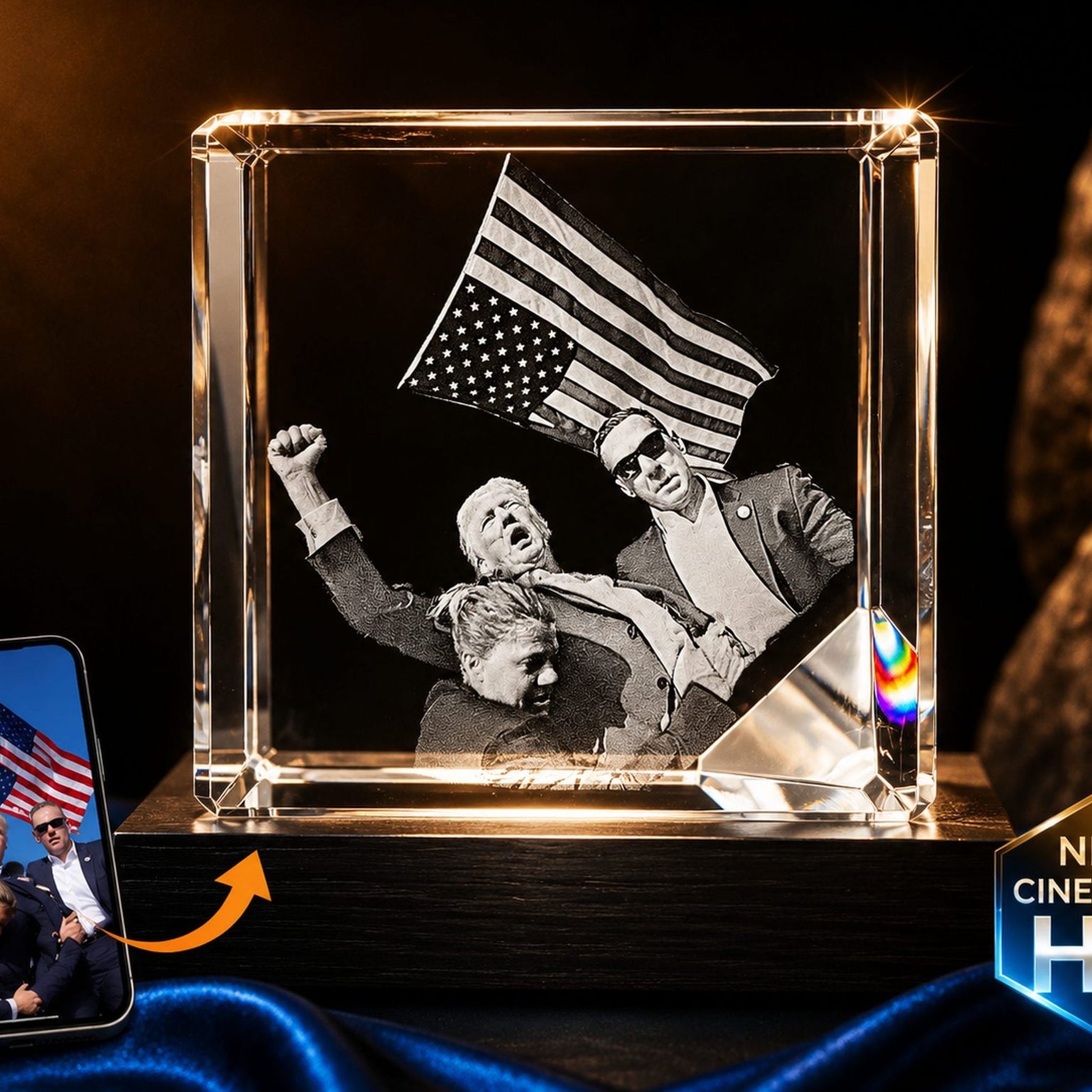 3D crystal corner diamond photo engraving – patriotic gift, gold-tone display | Crystal 3D Pix