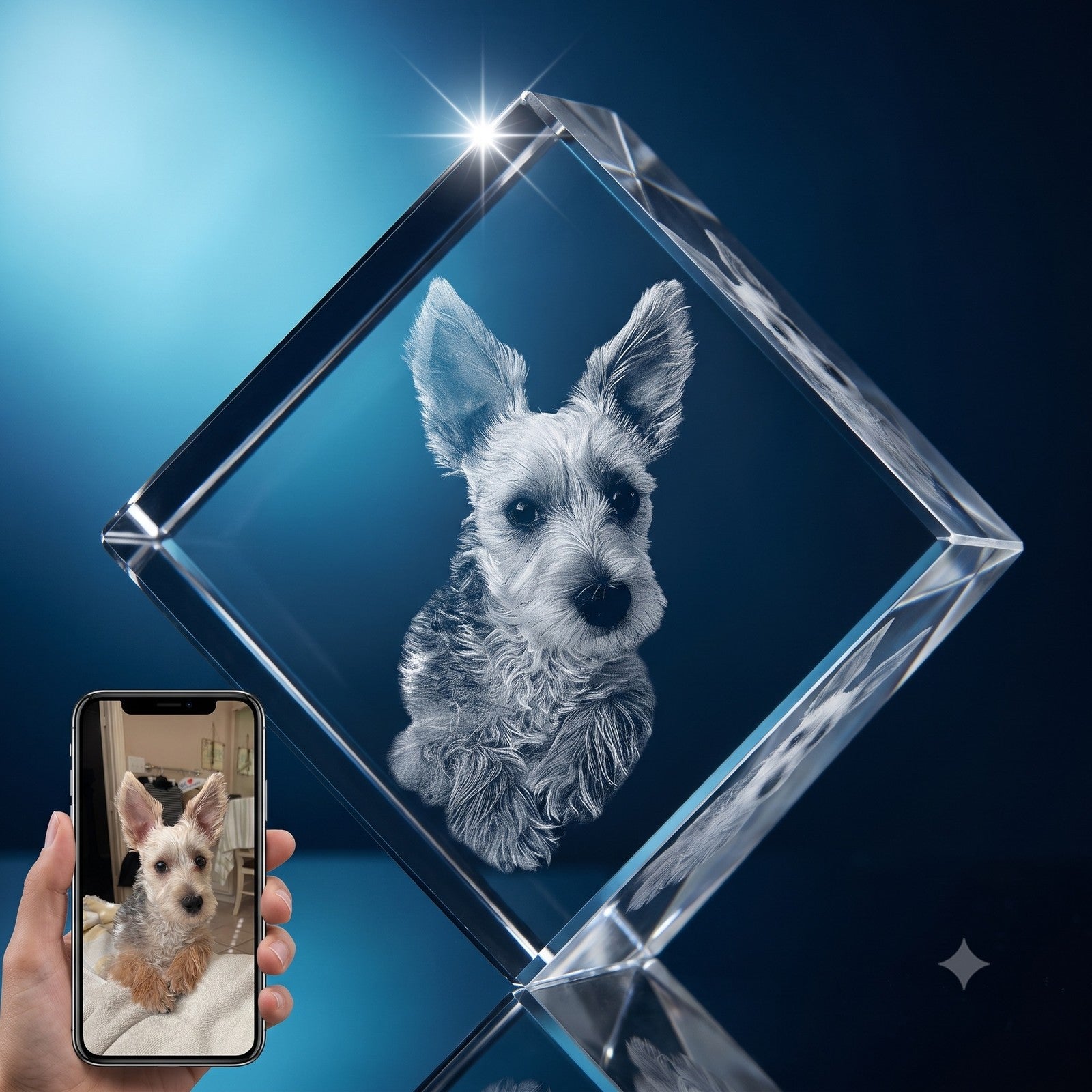 3D crystal corner diamond photo engraving – pet photo gift, blue-tone display | Crystal 3D Pix