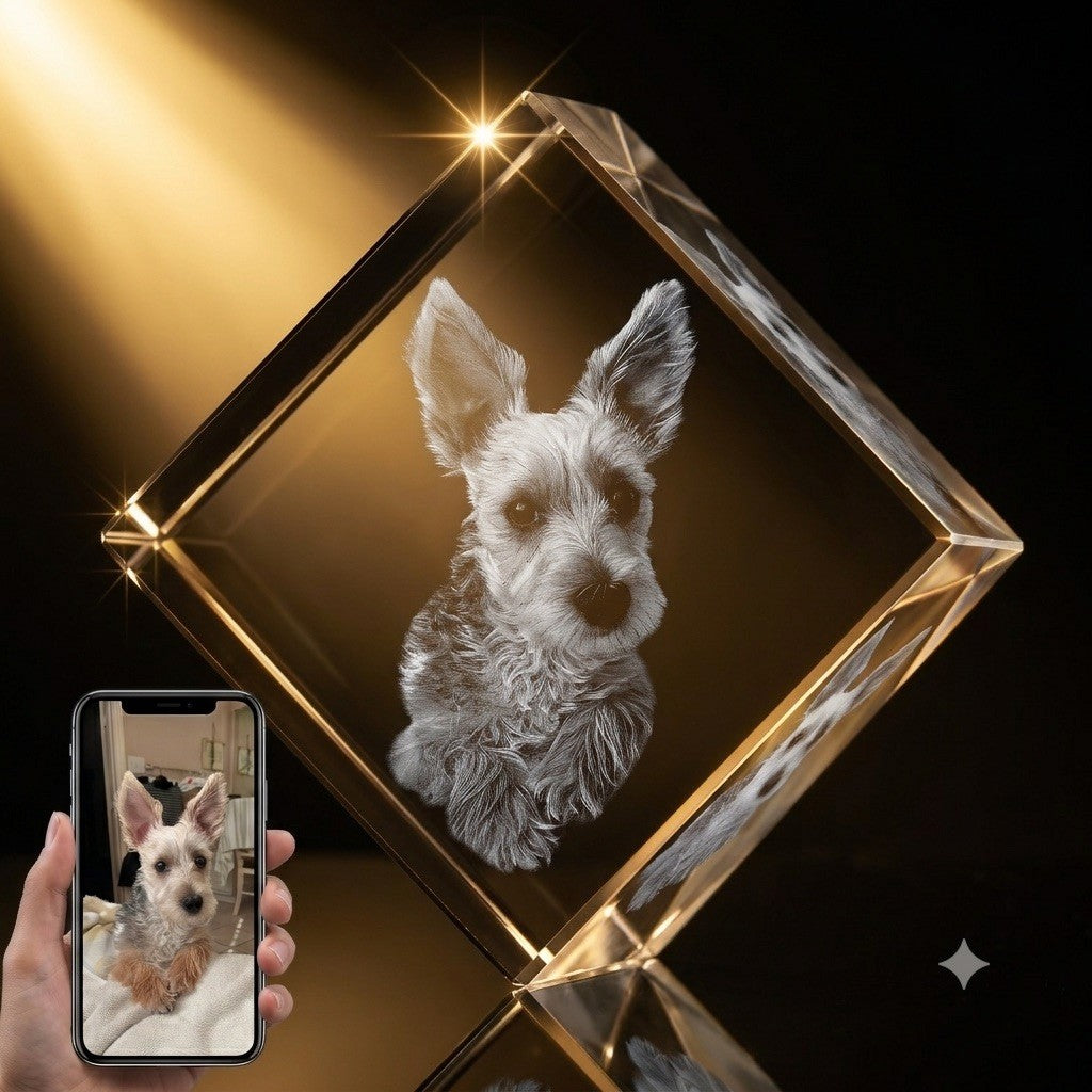 3D crystal corner diamond photo engraving – pet photo gift, gold-tone display (alternate) | Crystal 3D Pix
