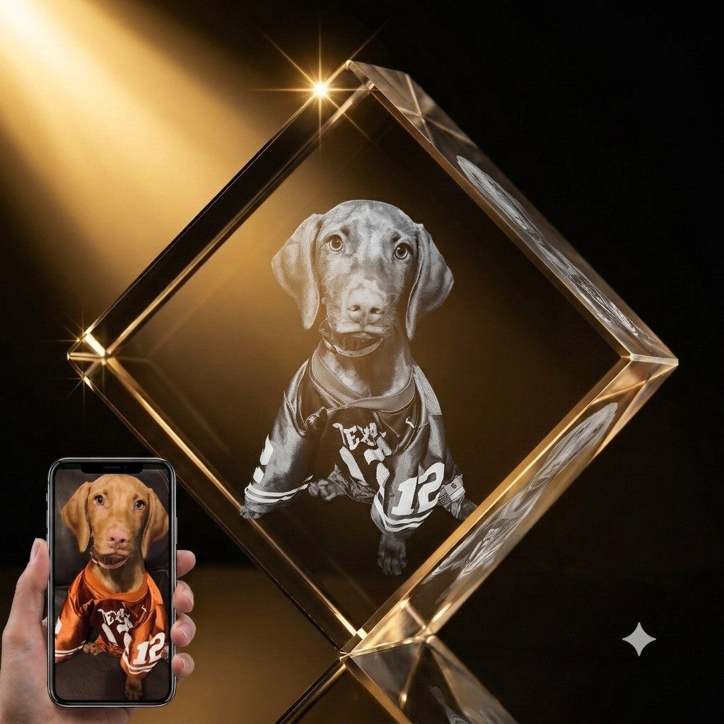 3D crystal corner diamond photo engraving – pet photo gift, gold-tone display | Crystal 3D Pix