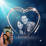 3D crystal heart-shaped photo engraving – anniversary gift, blue-tone display | Crystal 3D Pix
