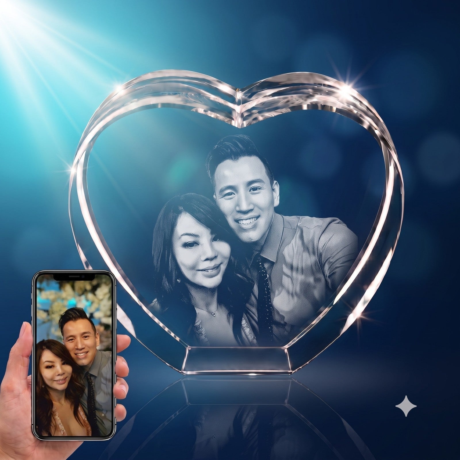 3D crystal heart-shaped photo engraving – anniversary gift, blue-tone display | Crystal 3D Pix