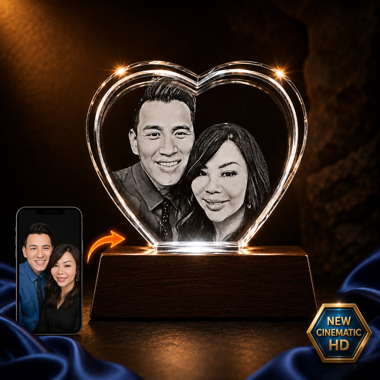 3D crystal heart-shaped photo engraving – anniversary gift, gold-tone display | Crystal 3D Pix