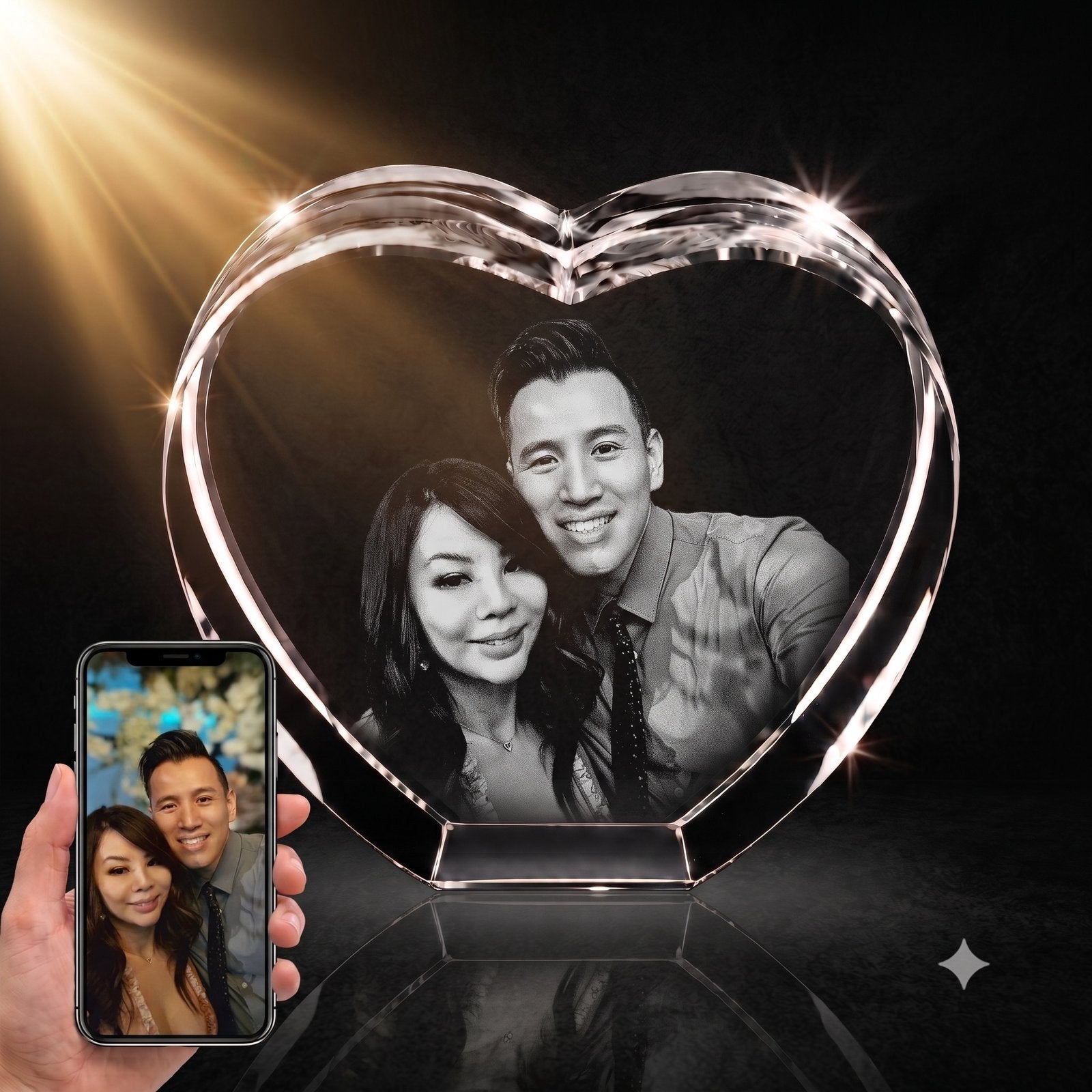 3D crystal heart-shaped photo engraving – anniversary gift, gold-tone display | Crystal 3D Pix