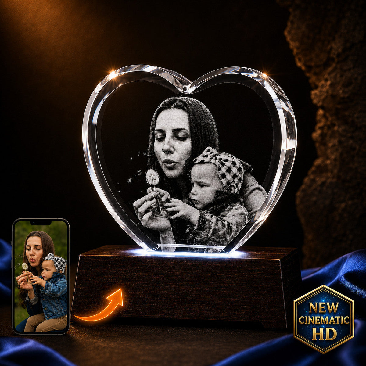 3D crystal heart-shaped photo engraving – baby photo gift, gold-tone display | Crystal 3D Pix