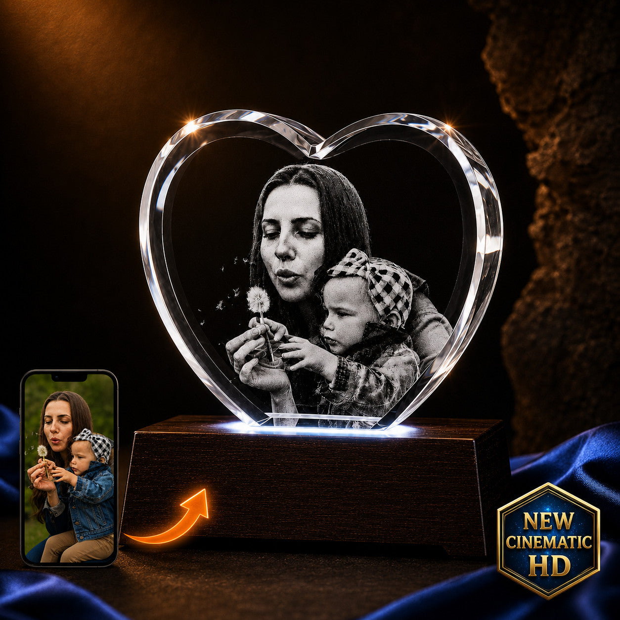 3D crystal heart-shaped photo engraving – baby photo gift, gold-tone display | Crystal 3D Pix