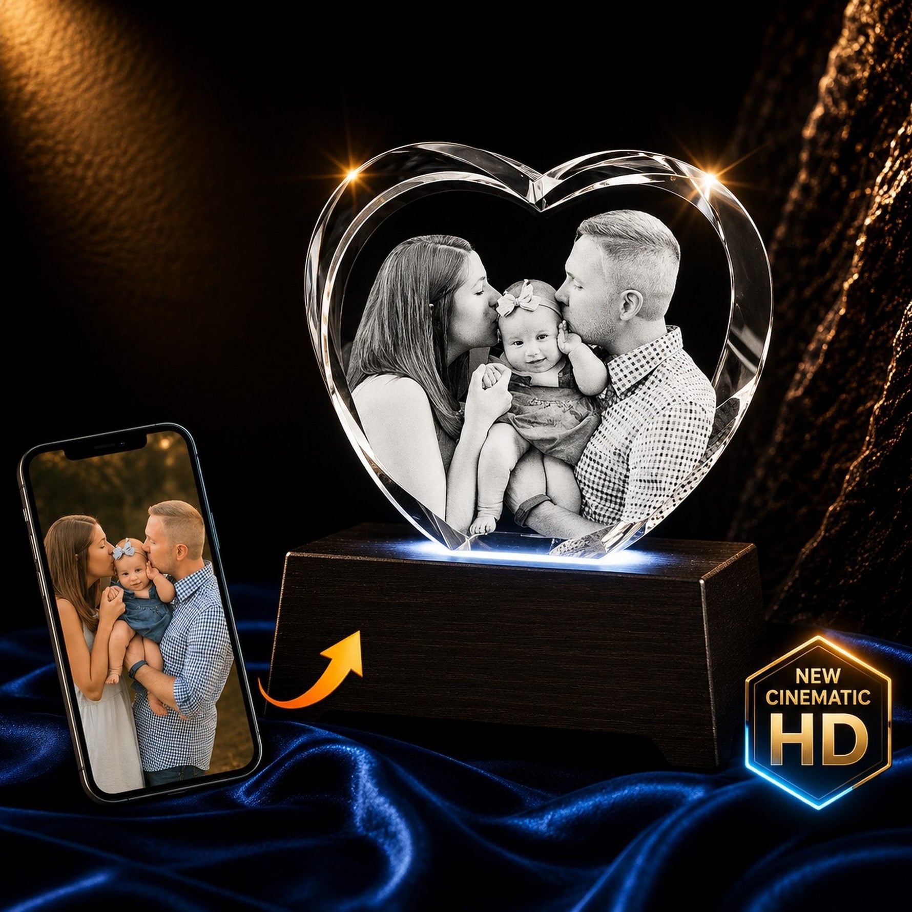 3D crystal heart-shaped photo engraving – baby photo gift, gold-tone display | Crystal 3D Pix