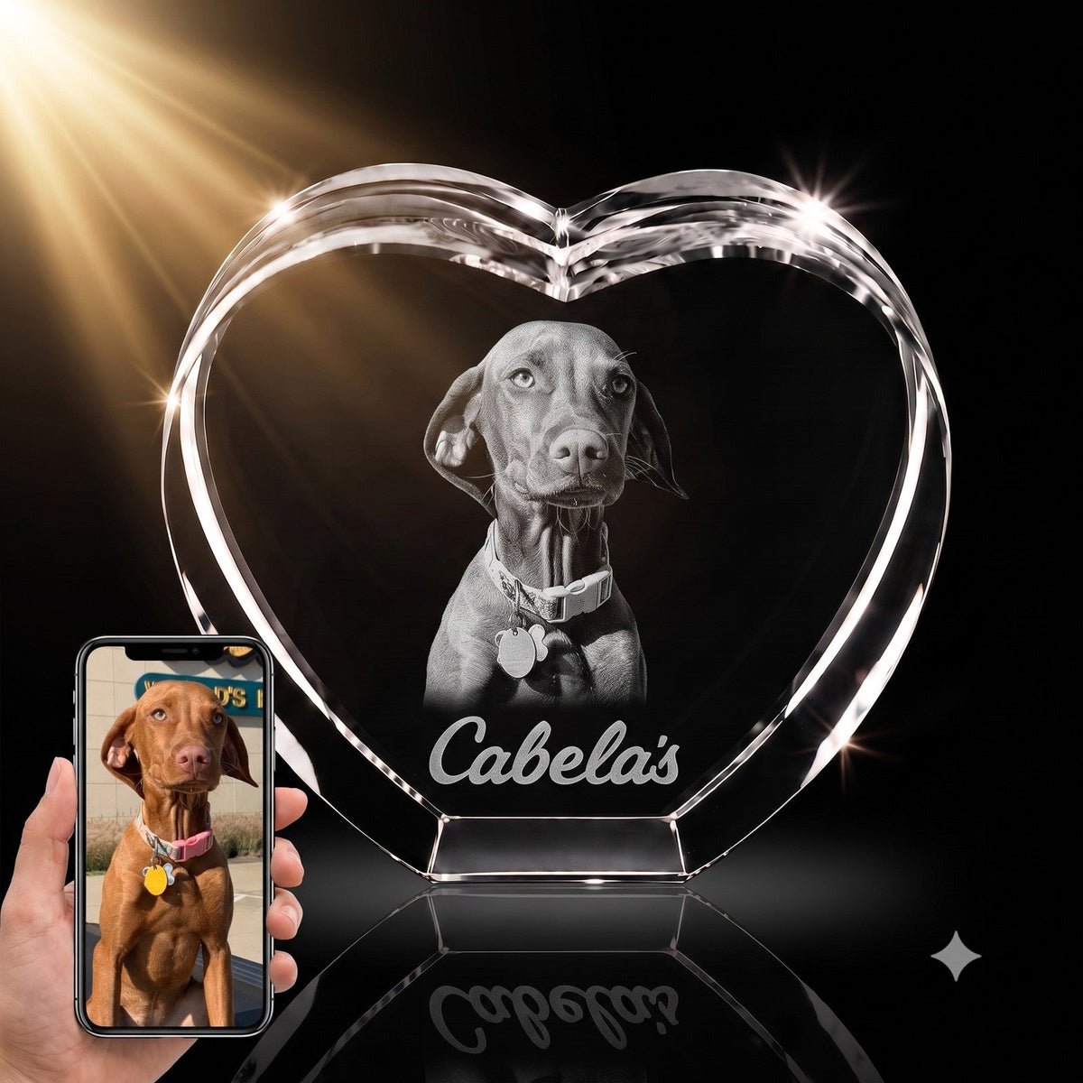 3D crystal heart-shaped photo engraving – memorial keepsake, gold-tone display | Crystal 3D Pix