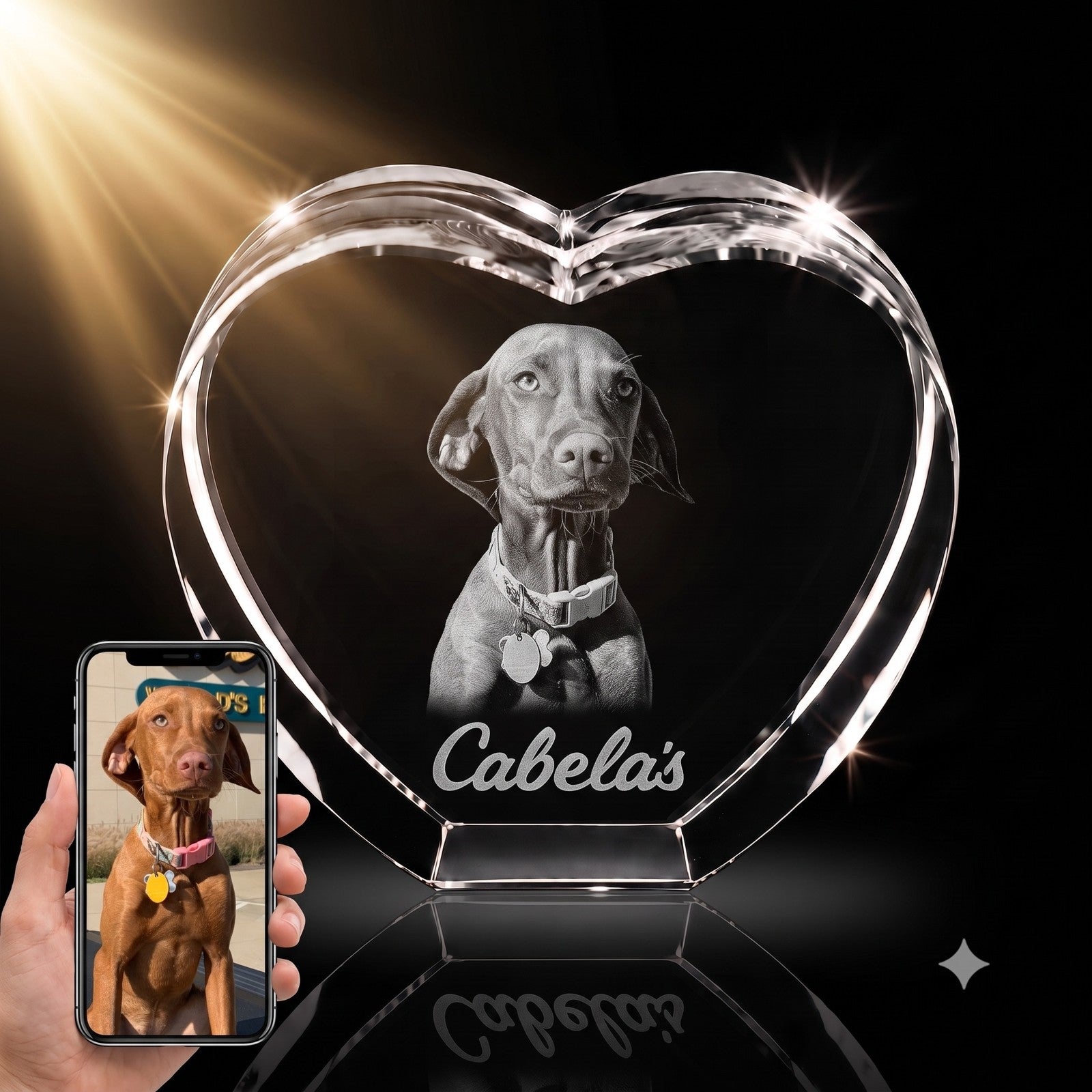 3D crystal heart-shaped photo engraving – memorial keepsake, gold-tone display | Crystal 3D Pix
