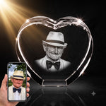 3D crystal heart-shaped photo engraving – memorial keepsake, gold-tone display (alternate) | Crystal 3D Pix