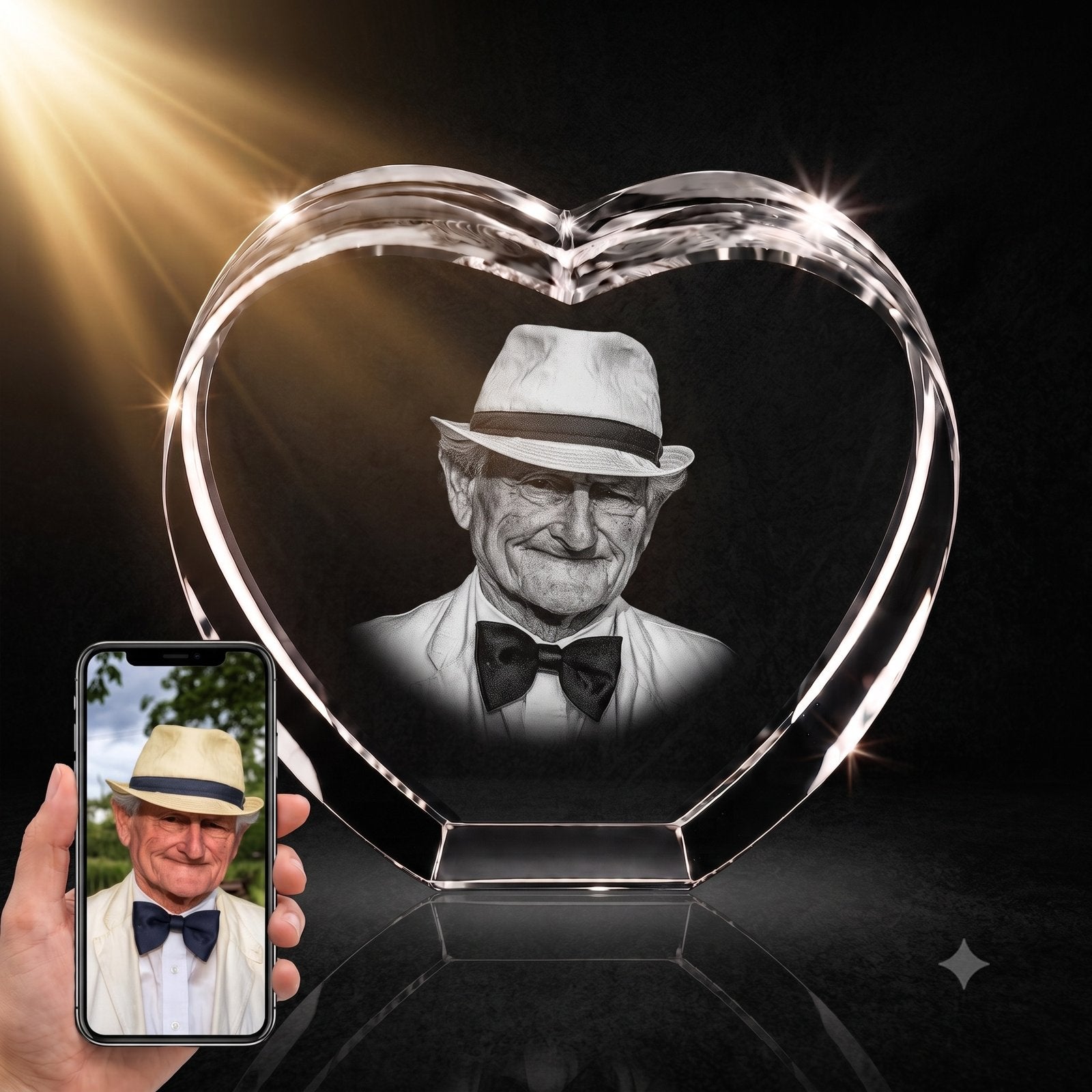 3D crystal heart-shaped photo engraving – memorial keepsake, gold-tone display (alternate) | Crystal 3D Pix