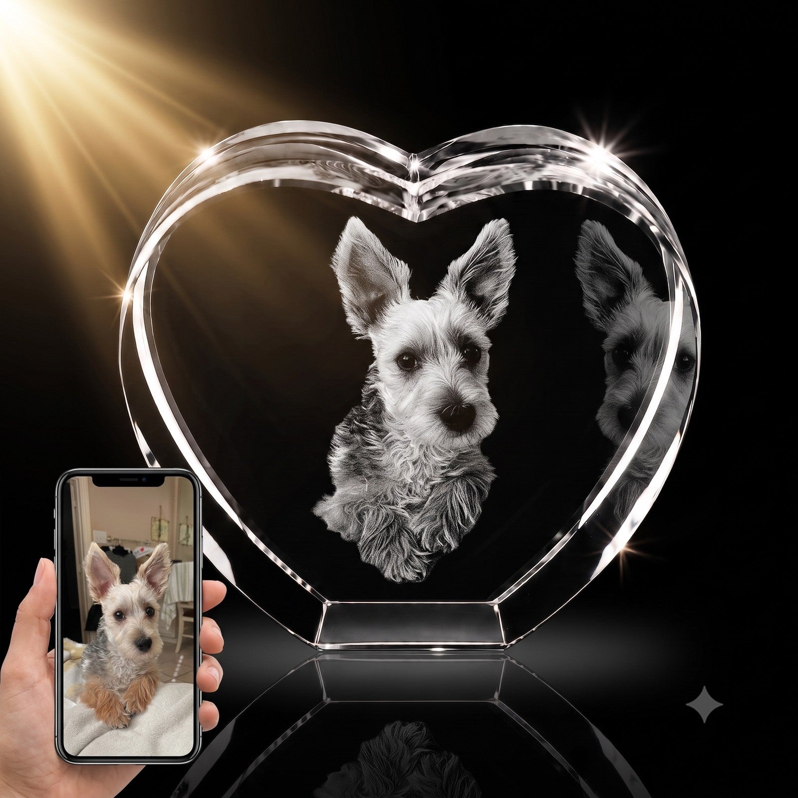 3D crystal heart-shaped photo engraving – pet photo gift, gold-tone display | Crystal 3D Pix