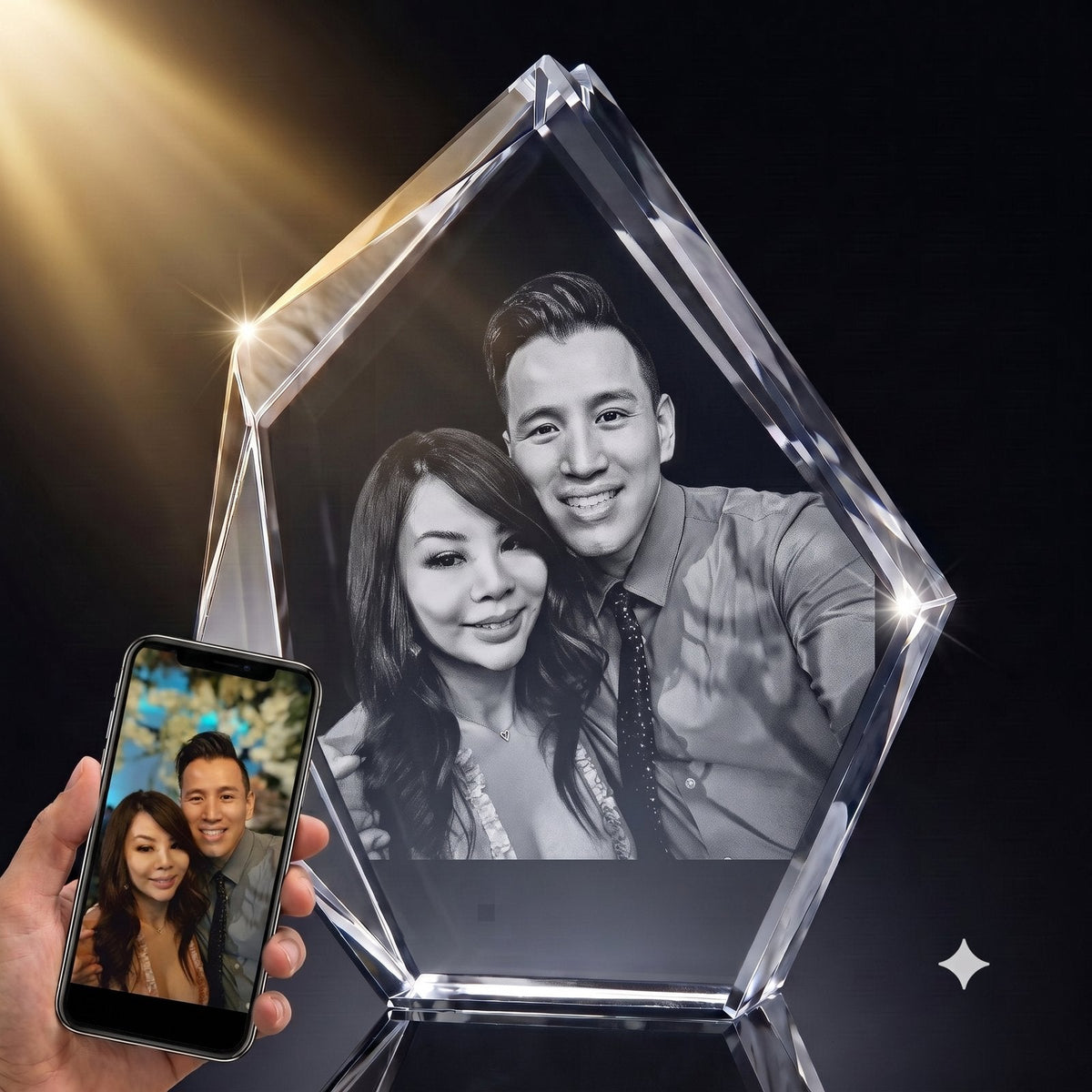 3D crystal iceberg-cut photo engraving – anniversary gift, gold-tone display | Crystal 3D Pix