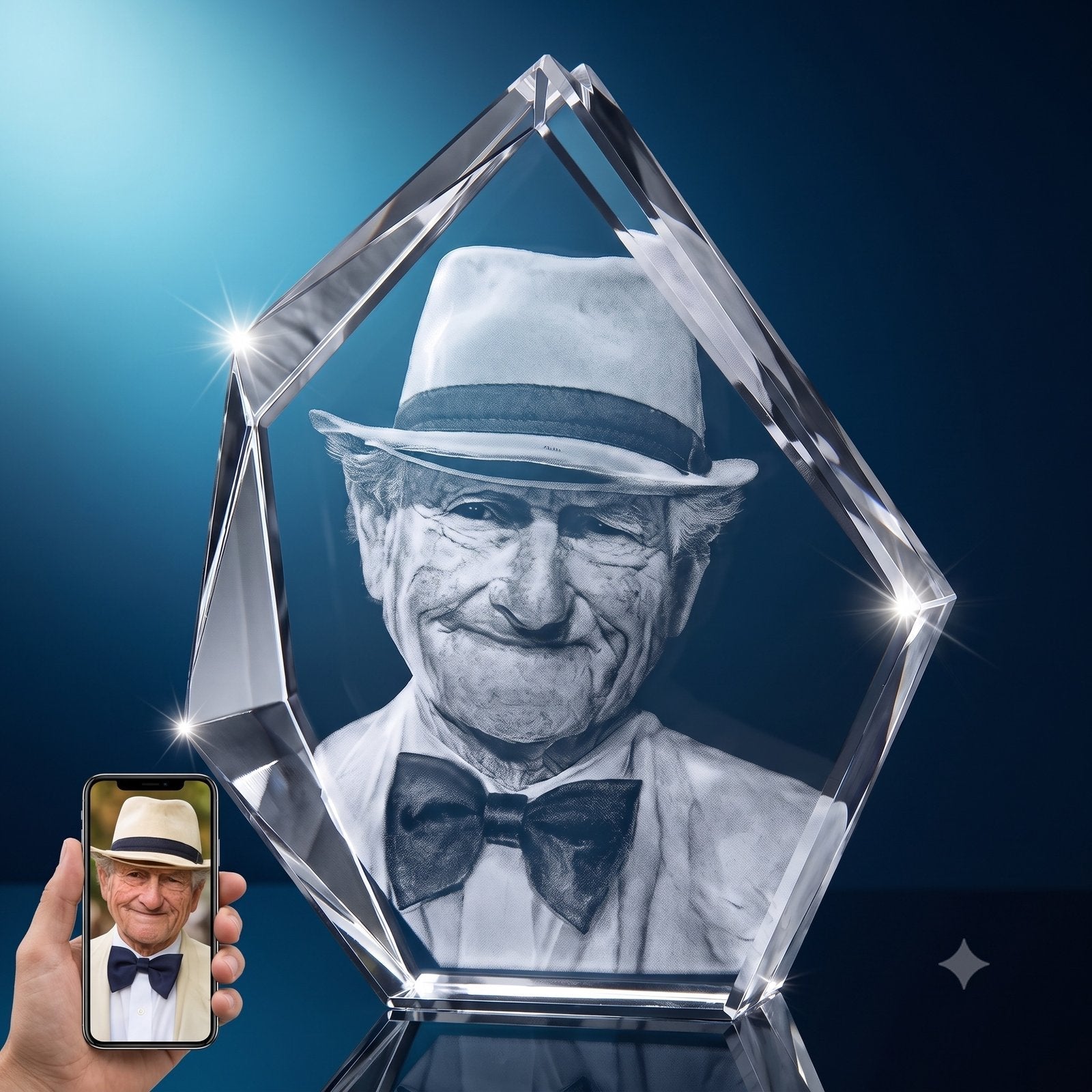 3D crystal iceberg-cut photo engraving – memorial keepsake, blue-tone display | Crystal 3D Pix