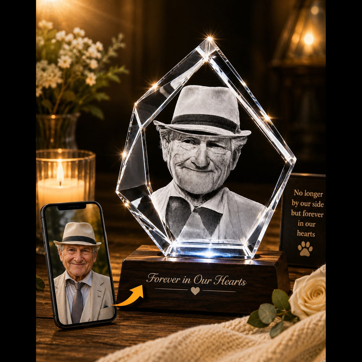 3D crystal iceberg-cut photo engraving – memorial keepsake, gold-tone display (alternate) | Crystal 3D Pix