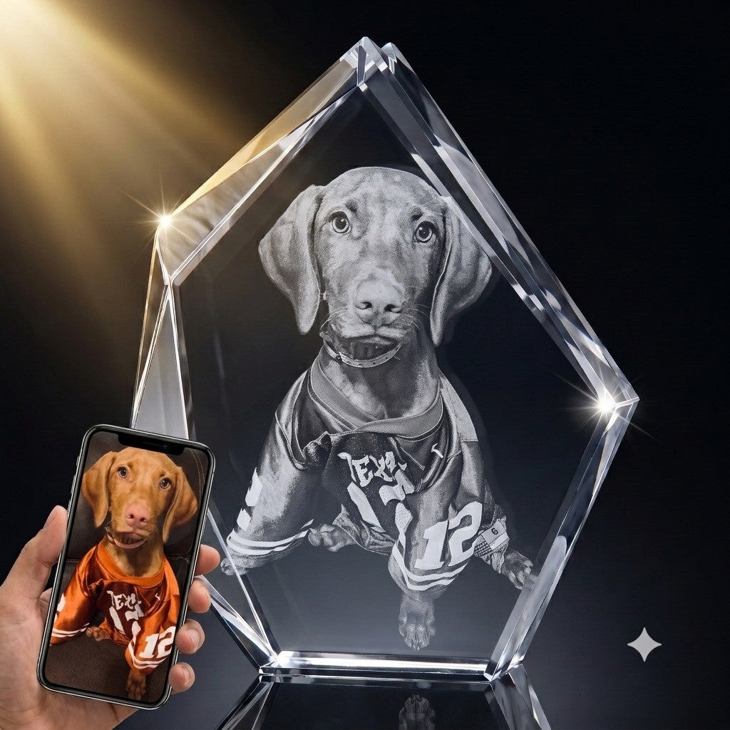 3D crystal iceberg-cut photo engraving – pet photo gift, black display | Crystal 3D Pix