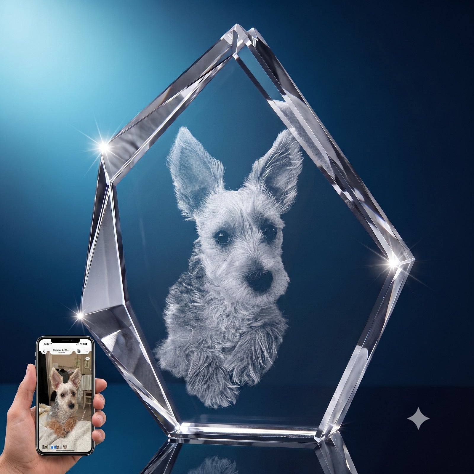 3D crystal iceberg-cut photo engraving – pet photo gift, blue-tone display | Crystal 3D Pix