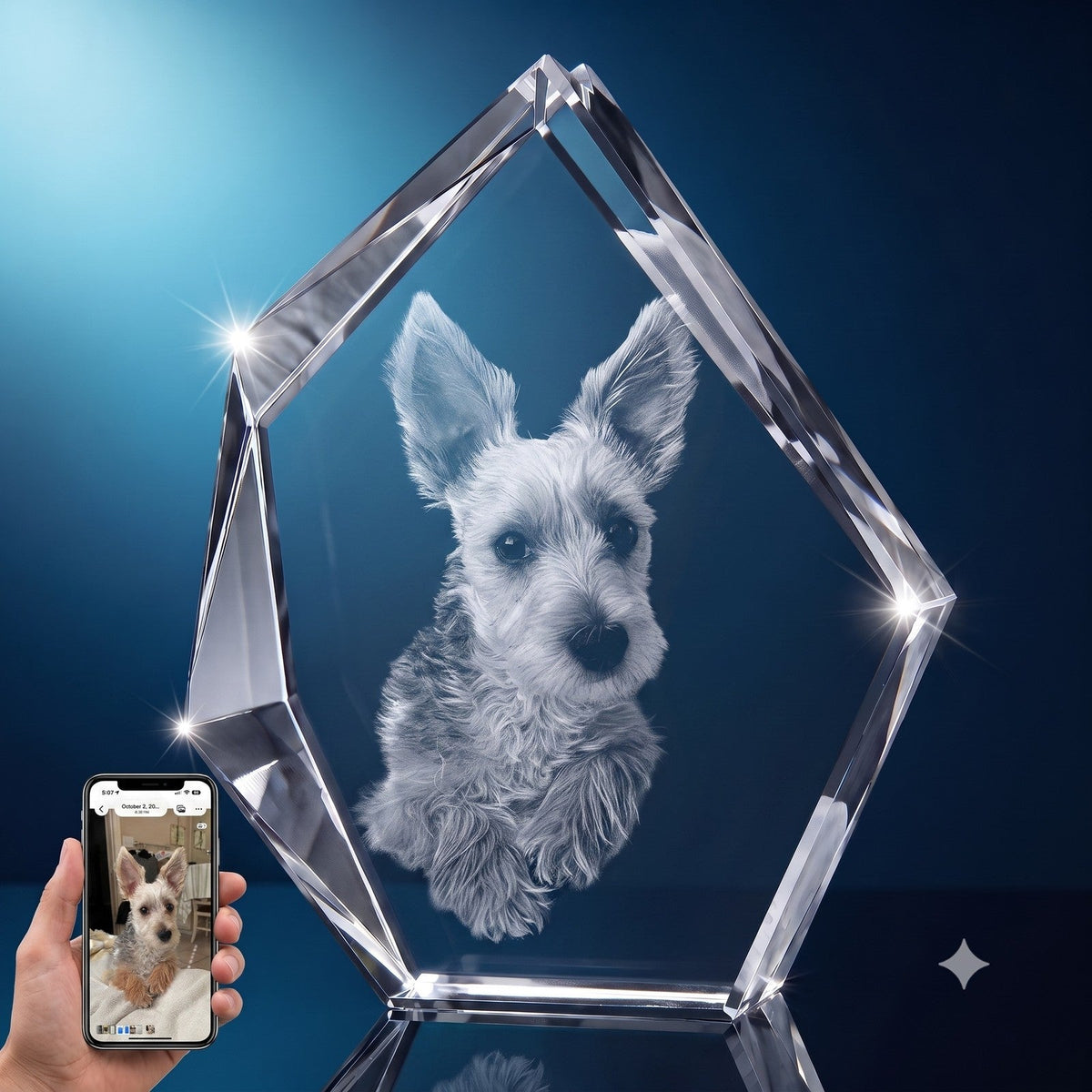 3D crystal iceberg-cut photo engraving – pet photo gift, blue-tone display | Crystal 3D Pix