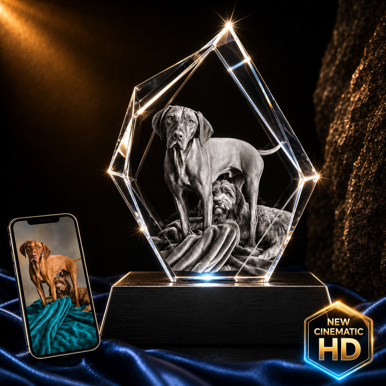 3D crystal iceberg-cut photo engraving – pet photo gift, gold-tone display (alternate) | Crystal 3D Pix