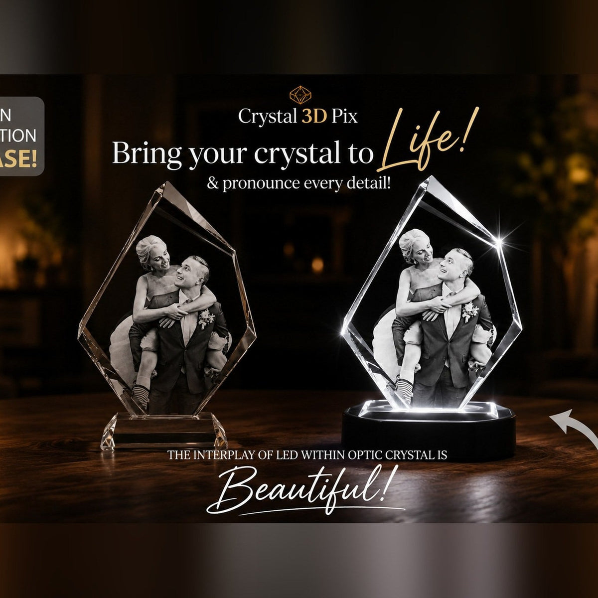 3D crystal iceberg-cut photo engraving – wedding gift, gold-tone display | Crystal 3D Pix