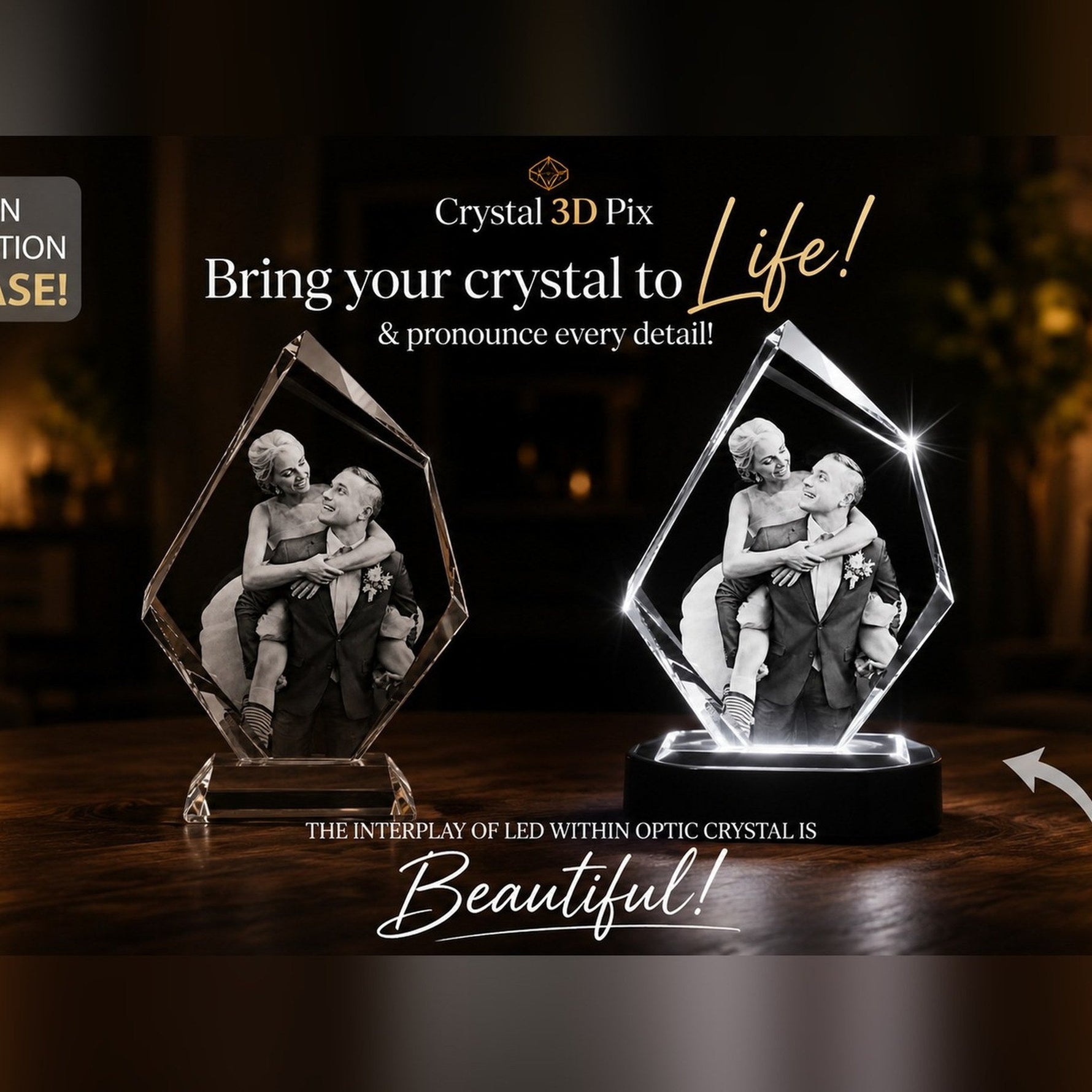 3D crystal iceberg-cut photo engraving – wedding gift, gold-tone display | Crystal 3D Pix