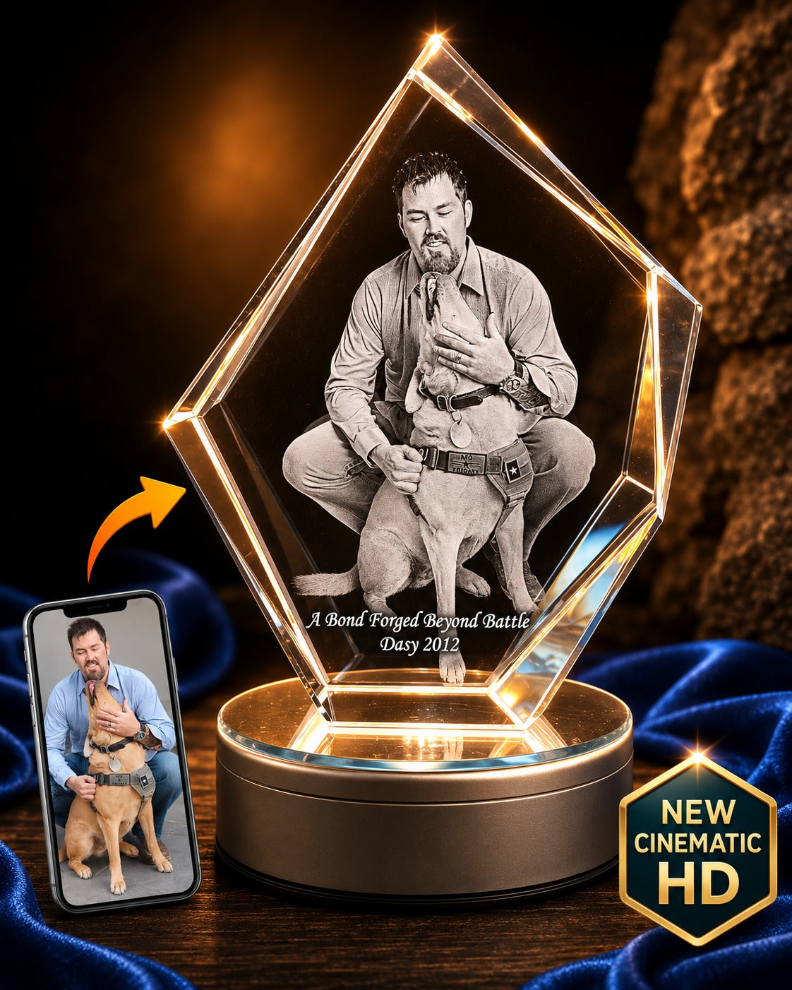 3D crystal vertical iceberg photo engraving – pet photo gift, gold-tone display | Crystal 3D Pix