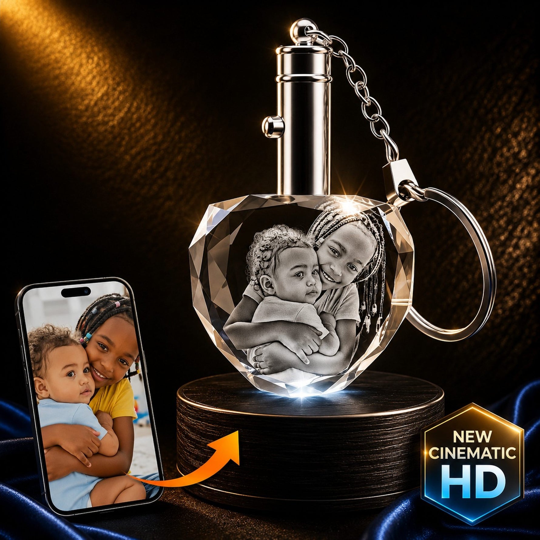 3D crystal LED keychain photo engraving – custom photo gift, gold-tone display | Crystal 3D Pix